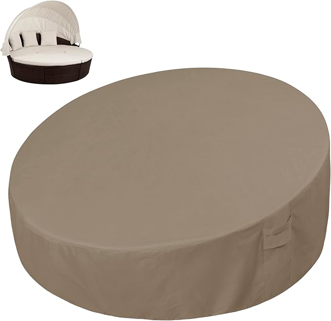 Easy-Going Heavy Duty 600D Outdoor Daybed Cover 88 Inch UV Resistant Patio Round Sofa Cover Waterproof Outdoor Canopy Daybed Sofa Cover with Air Vent 88" Dia x 35"/18" H, Camel
