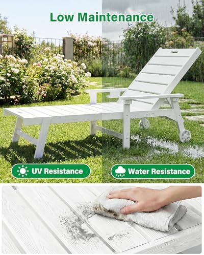 YEFU Lounge Chair Outdoor Set of 2, HIPS Chaise Lounge Outdoor, White | Lounge Chair with Wheels & Cup Holder, 5-Level Adjustable Backrest,Weather Resistance, Easy to Assemble, For Patio/Beach/Pool