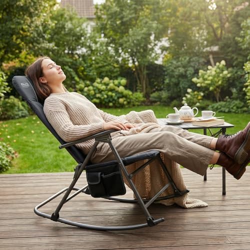Timber Ridge Oversized Folding Rocking Camping Chair, Padded Outdoor Rocker with High Back, Portable Outdoor Chair for Patio, Garden, Lawn, Supports up to 400 lbs, Black | Foldable Padded Outdoor Rocker with High Back, Portable Outdoor Chair for Patio