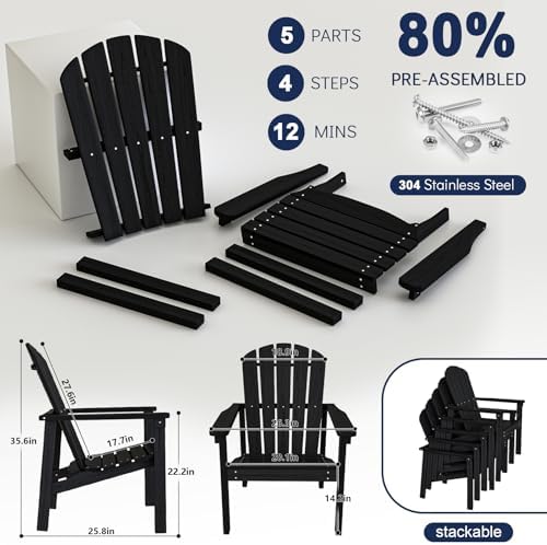 Compact Stackable Adirondack Chairs Set of 4,HDPE,Black | 26.3" Wide HDPE,380lb,All-Weather Outdoor.Maintenance-Free.Stackable for Storage.25°Curved Straight Backrest.Quick Assembly