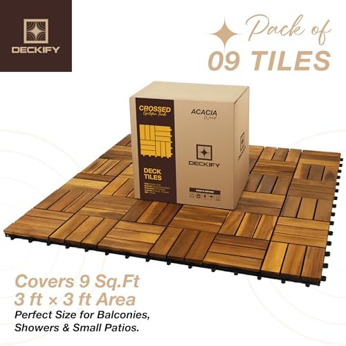 9-piece acacia wood interlocking deck tiles, golden teak on a desk or shelf