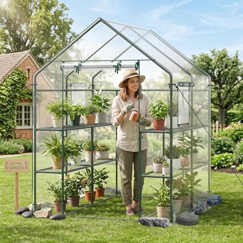 giantex walk-in greenhouse, gardening plant tent with roll-up shown in use