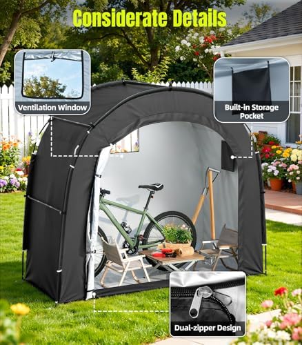 housolution bike storage tent shed for 3bikes, outdoor showing dimensions