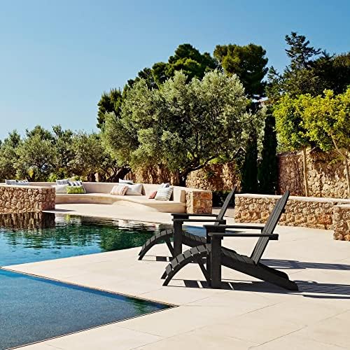 LUE BONA HDPS Outdoor Adirondack Chair, Cup Holder, Black | HDPS poly lumber, all-weather resistant, Low maintenance, built-in cup holder, 350 lbs capacity, for patio deck poolside