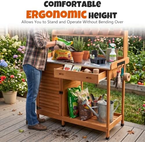 outdoor potting bench with metal top, sliding drawer, package contents