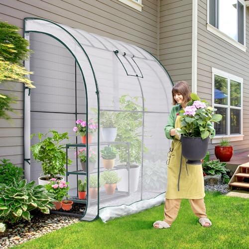 lean to greenhouse with 3-tier shelves: ohuhu portable shown in use