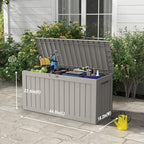 mars villa 75 gallon deck box, outdoor storage shown in use
