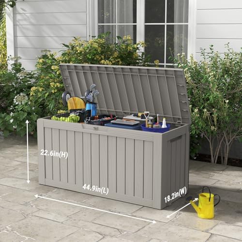 mars villa 75 gallon deck box, outdoor storage shown in use