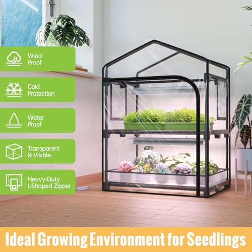 indoor greenhouse with grow light, 2-tier plant stand shown in use