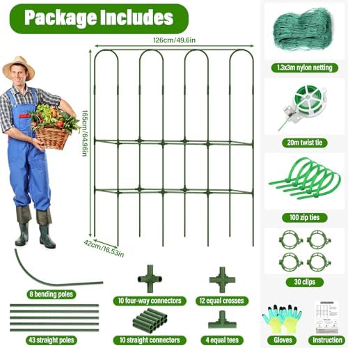 cucumber trellis for raised bed, tall metal garden, close-up detail