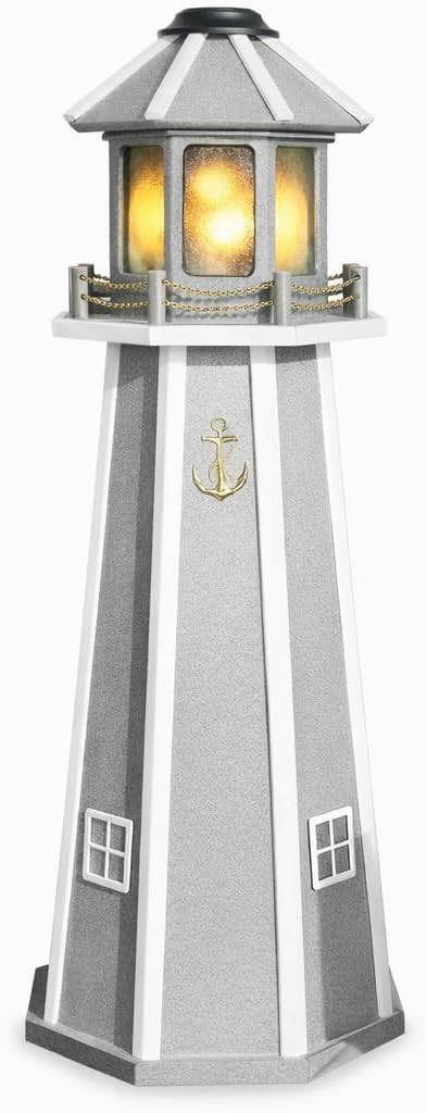 Peaceful Classics Poly Solar Lighthouse, Gray, 4 ft | Outdoor Garden Décor, Amish Handcrafted Poly Lumber Lighthouse Trim Lamp, Weather-Resistant Yard