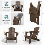 THOEOE Folding Adirondack Chair Set of 2, HDPE Plastic Patio Chairs | All-Weather Outdoor Chairs, Oversized Fire Pit Chairs, with Cup Holder, Wood Grain, for Deck, Backyard, Garden, Lawn, Brown