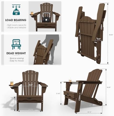 THOEOE Folding Adirondack Chair Set of 2, HDPE Plastic Patio Chairs | All-Weather Outdoor Chairs, Oversized Fire Pit Chairs, with Cup Holder, Wood Grain, for Deck, Backyard, Garden, Lawn, Brown
