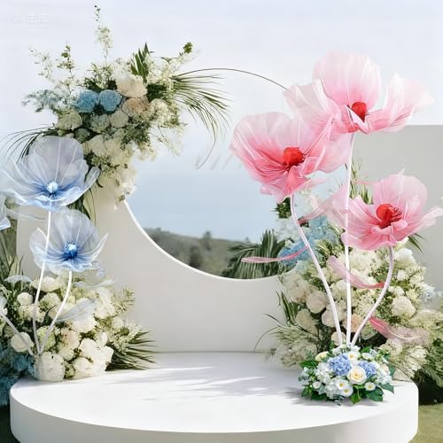 giant flowers 3-piece set|67-inch tall tulle poppy decorations, side view