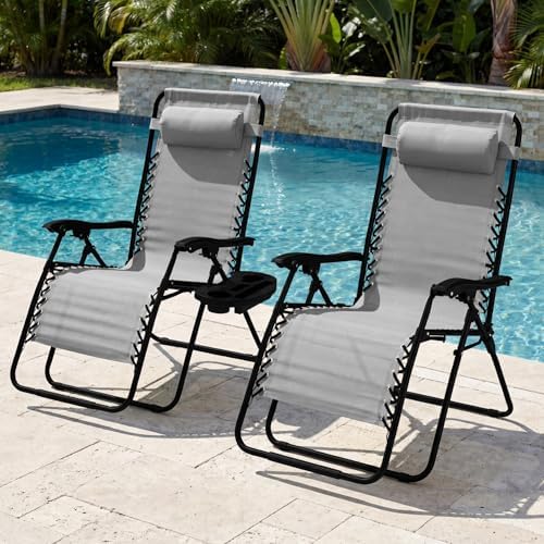 Best Choice Products Set of 2 Extra Wide Adjustable Steel Mesh Zero Gravity Lounge Chair Recliners w/Pillows and Cup Holder Trays - Ice Gray