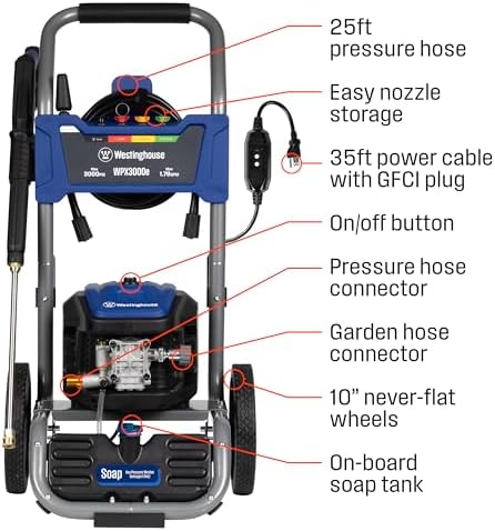 westinghouse wpx3000e electric pressure washer, 3000 max psi, side view