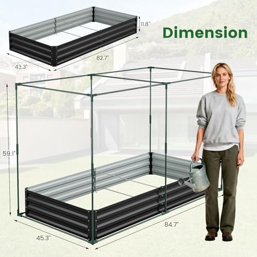 galvanized raised garden bed with crop cage plant, side view