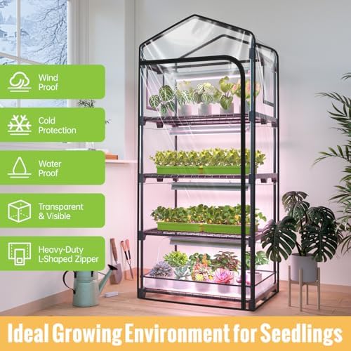 indoor greenhouse with grow light, 4-tier plant stand shown in use