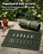 6-piece bonsai tools set with tool roll bag showing dimensions