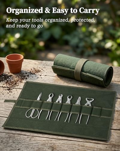 6-piece bonsai tools set with tool roll bag showing dimensions