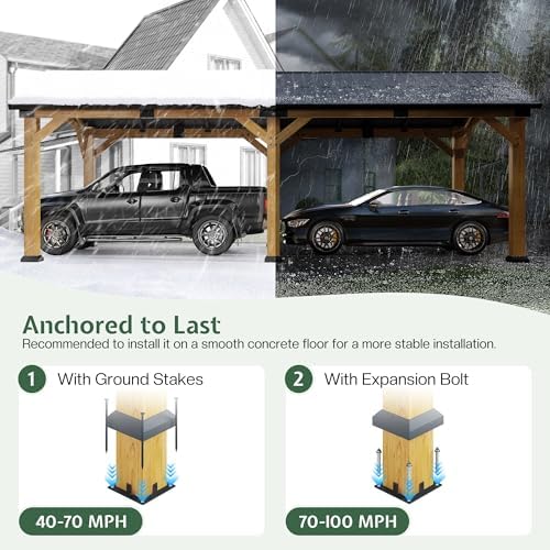 jocisland 12x24x9.5 ft cedar wood carport with galvanized showing dimensions