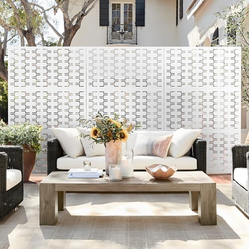 elevens metal outdoor privacy screen, freestanding outdoor divider on a desk or shelf