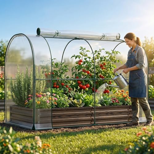 docred galvanized raised garden bed with pvc cover shown in use