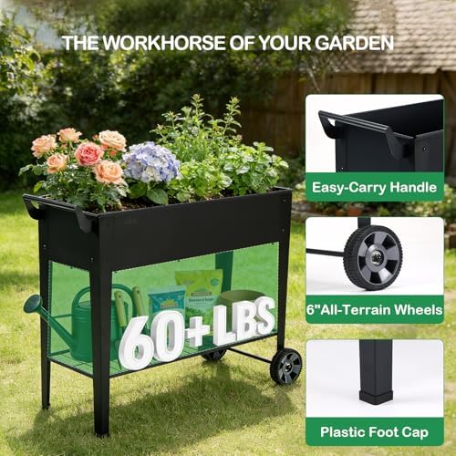 32" tall elevated raised garden bed with wheels shown in use