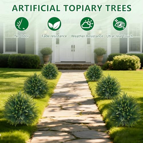 artificial 2 pack cedar topiary trees with ground, close-up detail
