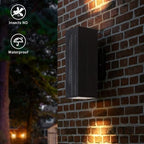 mirrea 14" Modern Outdoor Porch Light in 2 Lights, Matte Black, 2 Pack | Patio wall sconce, aluminum rectangular tube, tempered glass, waterproof. Up & down lighting for outdoor wall mount fixture.