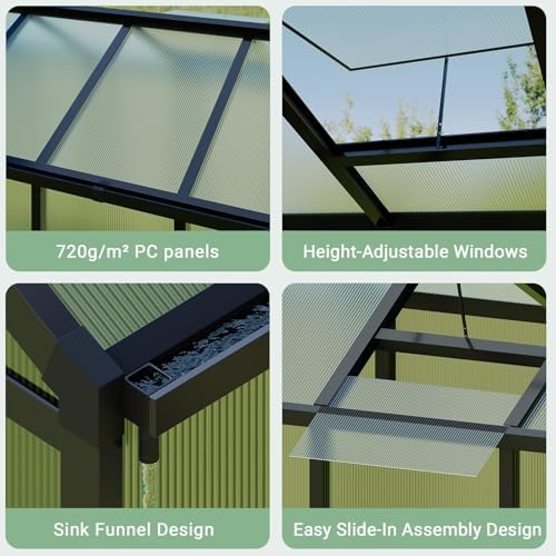 6x8 ft greenhouse, outdoor sliding door, polycarbonate greenhouse, front angle view
