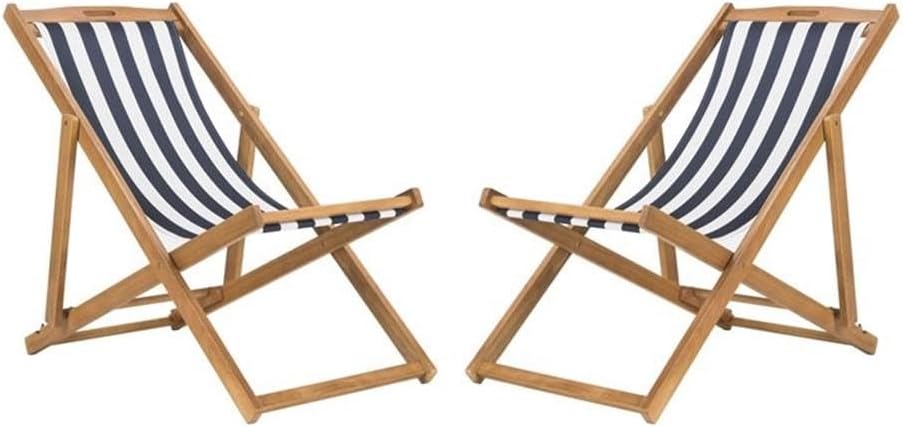 SAFAVIEH Outdoor - Loren Folding Sling Chair Set of 2 - Natural & Navy Stripe - Solid Wood Frame - Portable Bistro Design - Ideal for Patio, Poolside, Backyard, 24" W x 43" D x 25" H (PAT7040A-SET2)