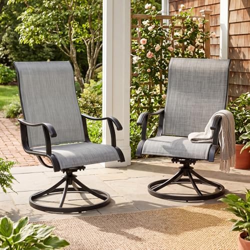 NUU GARDEN Patio Swivel Dining Chairs Set of 2, Outdoor Swivel Rocker Chairs with All-Weather Textilene, High-Back Metal Frame for Backyard, Deck, Lawn and Garden, Black and Light Gray