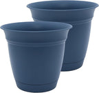 The HC Companies 20 Inch Eclipse Round Planter Pots with Drainage Holes & Attached Saucer, Lightweight UV-Resistant Plastic Indoor & Outdoor Planters, 2-Pack Flower Pots, Garden Home Decor, Slate Blue