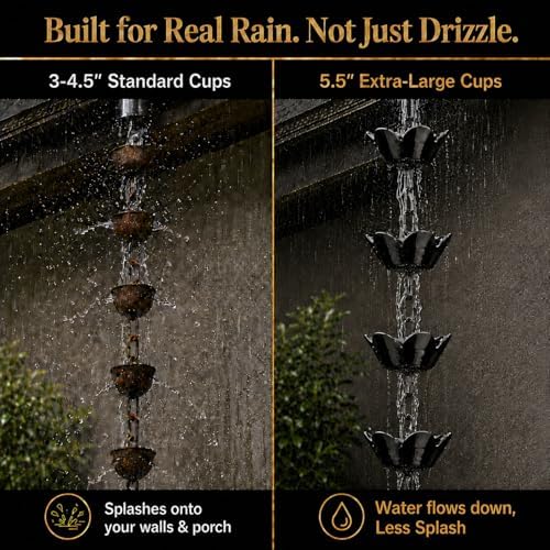 10ft rain chain for gutters, black aluminum daffodil shown in use