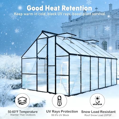 8x12ft greenhouse kit with roof vent, dark gray, front angle view