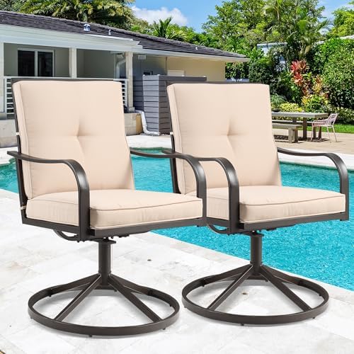 Patio Swivel Chairs Set of 2 Outdoor Swivel Chairs, Beige | Thickened Cushions, All Weather Metal Frame, Comfort Outdoor Height, Sturdy Stable Base, for Garden Lawn Porch, Easy to Clean
