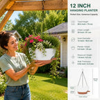 12" self watering hanging planters with chains, white, close-up detail