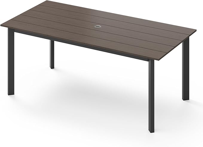 67" Rectangle HDPS Patio Dining Table, Aluminum Outdoor Patio Dining Table with Umbrella Hole, Weather-Resistant for Lawn, Garden, Yard, Poolside and Indoor Use (Gray & Teak)