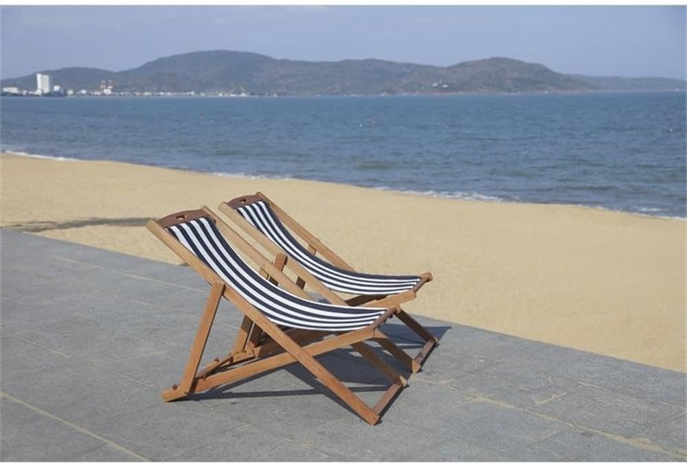 SAFAVIEH Outdoor - Loren Folding Sling Chair Set of 2 - Natural & Navy Stripe - Solid Wood Frame - Portable Bistro Design - Ideal for Patio, Poolside, Backyard, 24" W x 43" D x 25" H (PAT7040A-SET2)