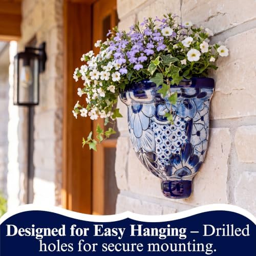 talavera wall planter - handmade mexican hanging pot on a desk or shelf