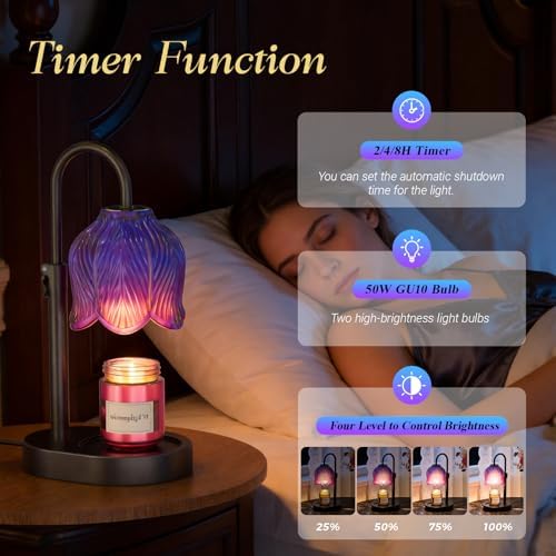 Flower Candle Warmer Lamp, Timer & 4-Level Dimmer, Adjustable Height | Flameless Electric Wax Warmer for Jar Candles, Includes 2 Bulbs, Wooden Base,Blue, Gift for Mom & Women, Housewarming