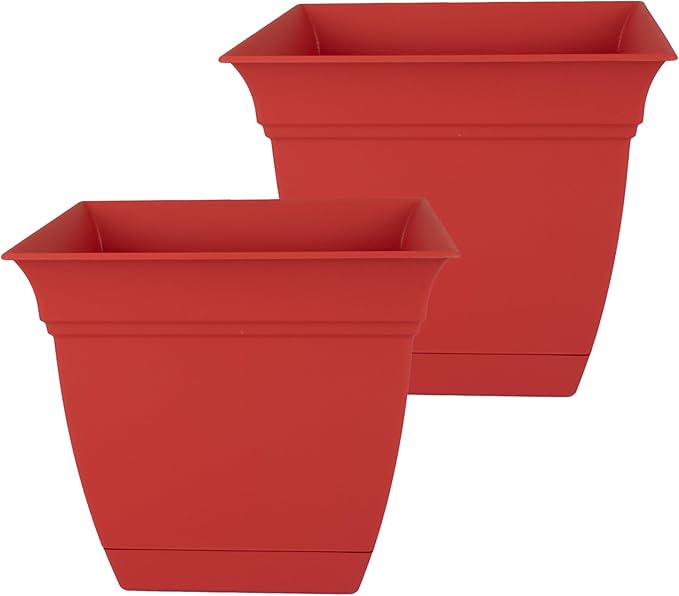 The HC Companies 12 Inch Eclipse Square Planter Pots with Drainage Holes & Attached Saucer, Lightweight UV-Resistant Plastic Indoor Outdoor Planters, 2-Pack Flower Pots for Garden & Home Decor, Red