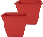 The HC Companies 12 Inch Eclipse Square Planter Pots with Drainage Holes & Attached Saucer, Lightweight UV-Resistant Plastic Indoor Outdoor Planters, 2-Pack Flower Pots for Garden & Home Decor, Red