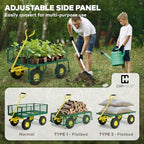 caphaus metal green garden cart, w/ 180° adjustable, side view