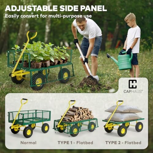 caphaus metal green garden cart, w/ 180° adjustable, side view