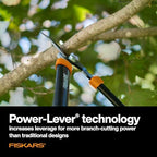 fiskars 28" power-lever garden bypass loppers, 1.75" cut shown in use