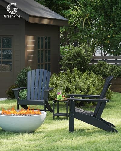 GREENVINES Oversized Adirondack Chairs Set of 2, HDPE All Weather, Black | 21.6" Extra-Wide Seat | 400 lb Capacity | Stable Structure | Plastic Fire Pit Chairs | for Outdoor Patio Deck