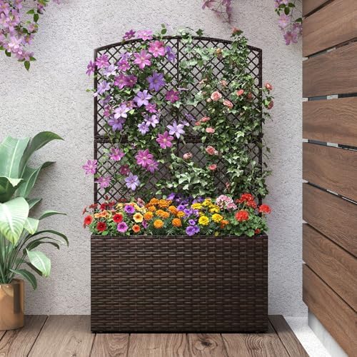 happygrill pe rattan raised garden bed with trellis, view 9