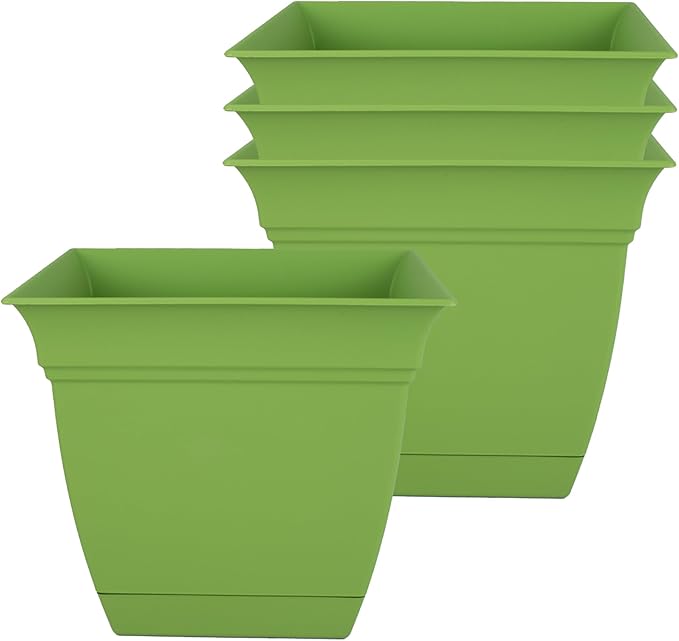 The HC Companies 8 Inch Eclipse Square Planter Pots w/Drainage Holes & Attached Saucer, Lightweight UV-Resistant Plastic Indoor Outdoor Planters, 4-Pack Flower Pots, Garden Home Decor, Peridot Green